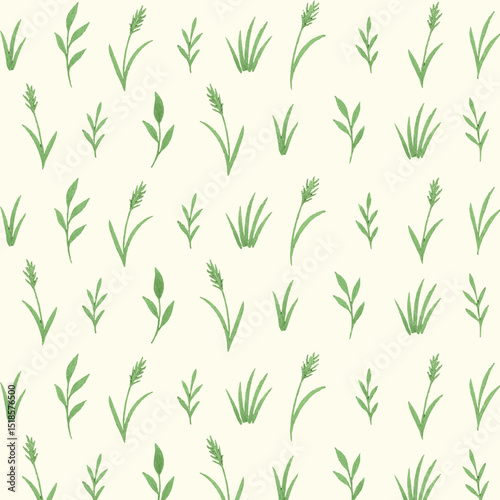 Seamless pattern with watercolor green grass and botanical leaves on transparent background
