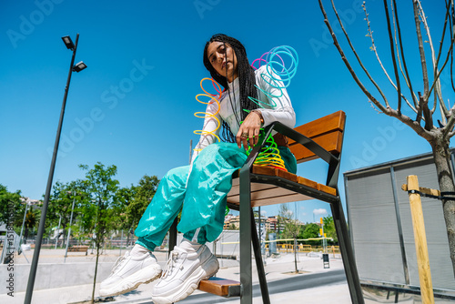Bilde på lerret Young stylish woman posing with rainbow slinky toy in urban park