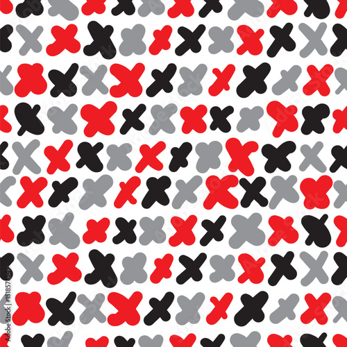 Scribbled crosses pattern repeating background. Hand drawn letter X surface vector design in black, gray, red and white.