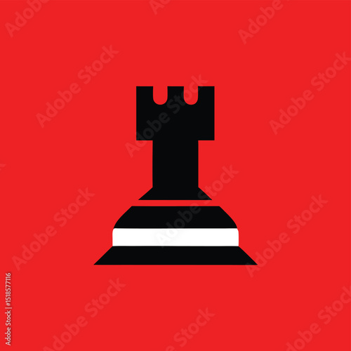 Chess rook symbol minimalist design with red background and striking black white color scheme