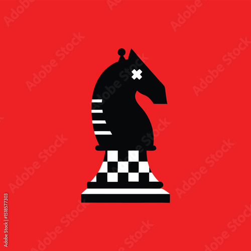 Black knight chess piece with cross eyes against red background graphic