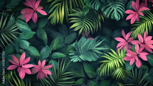 Tropical leaves and Jungle background vector. colorful summer pattern design with topical foliage, arts brush and pink color. Modern wallpaper design for prints, poster, cover, cards and homewares. i