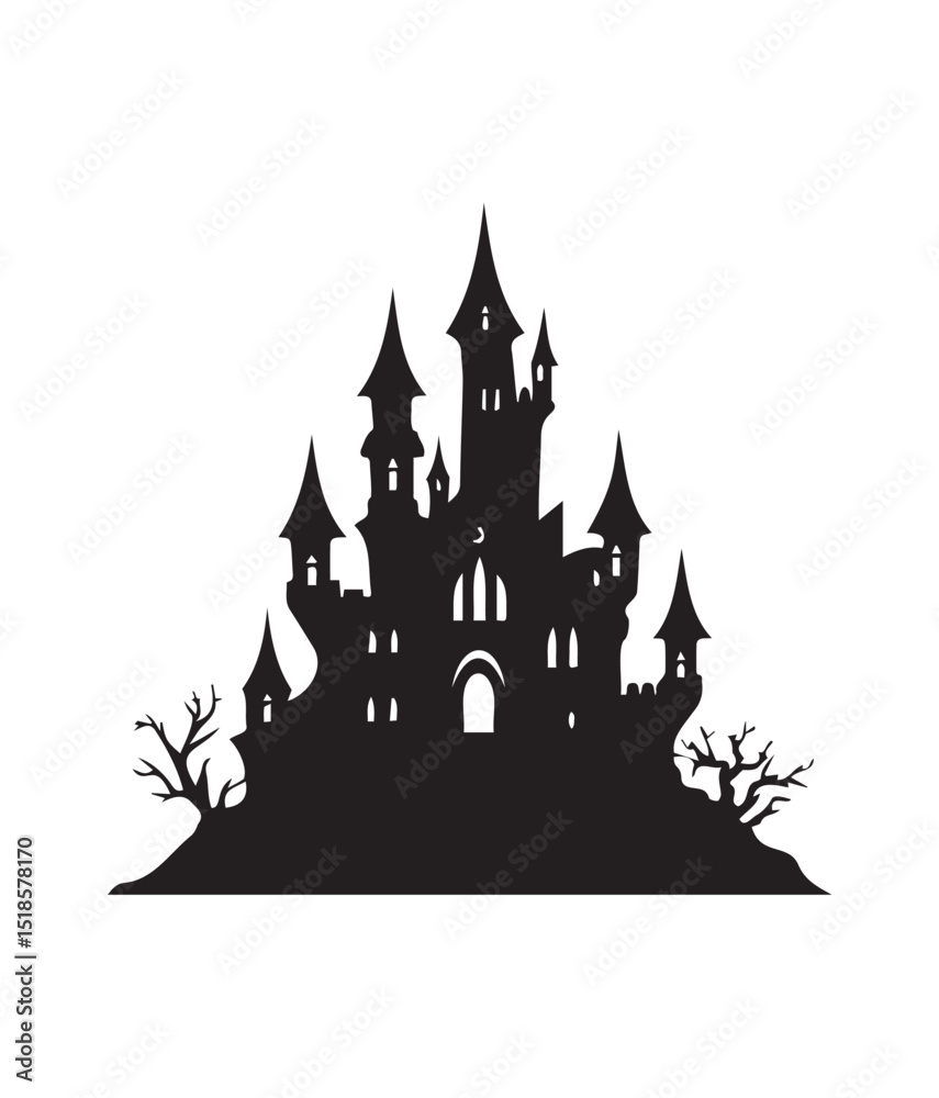 Obraz premium Mysterious silhouette castle: A shadowy silhouette of a magnificent castle emerges from a dark, captivating realm, standing as a symbol of history, power, and enigma.
