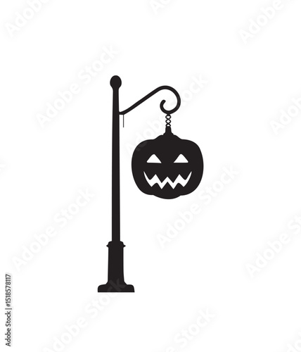 Spooky Pumpkin Lantern Silhouette: A black silhouette of a whimsical carved pumpkin lantern hanging from a lamppost, evoking the spirit of Halloween with its eerie charm.