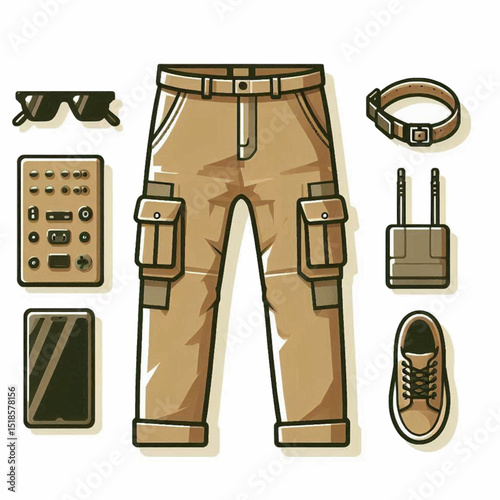 Tan cargo pants lie centrally flanked by accessories sunglasses phone remote belt bag and shoe