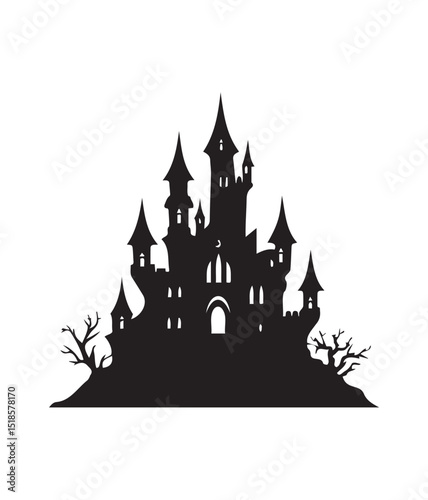 Mysterious silhouette castle: A shadowy silhouette of a magnificent castle emerges from a dark, captivating realm, standing as a symbol of history, power, and enigma.