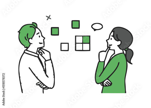 Men and women in casual clothes thinking about a plan.  Illustration material of a business person coming up with various thinking about plans. 