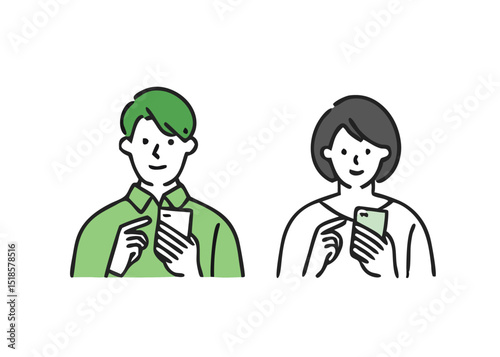 A simple vector illustration of a young man and woman using mobile on a smartphone. Smartphone payment, apps, SNS, cashless, cashless, online shopping. 