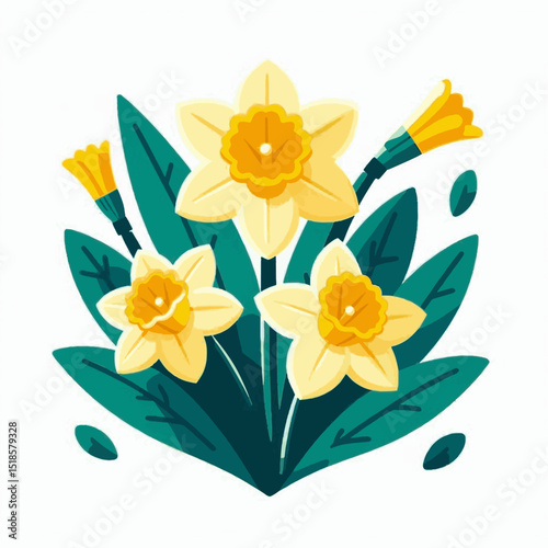 Three yellow daffodil flowers in full bloom surrounded by green leaves Two unopened daffodil flowers