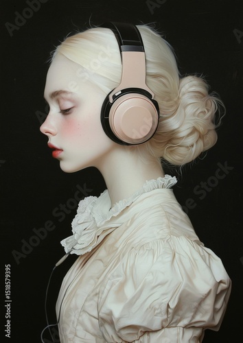 young woman in vintage dress listening to music with headphones