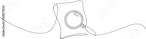 Continuous one line drawing of a document with wavy lines and a magnifying glass in minimalist black and white vector style

