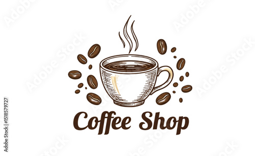 Delightful Coffee Shop Logo Design featuring a steaming cup and coffee beans perfect for branding and menu designs.