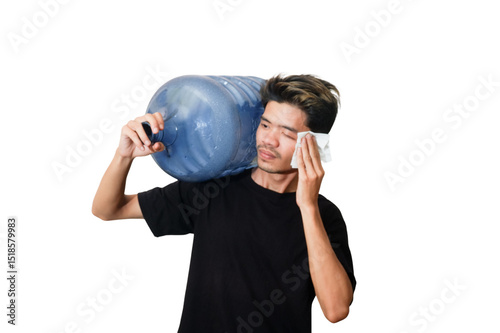 Tired Man Carrying Heavy Water Jug on Shoulder, Sweating and Wiping Forehead