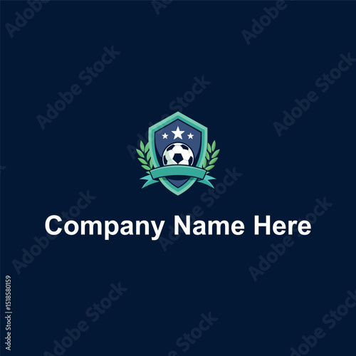 Shield soccer ball laurel stars ribbon dark blueteal