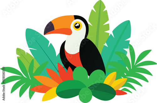 Colorful Toucan Bird Illustration with Tropical Leaves and Flowers in a Flat Design Style Perfect for Summer and Nature Themed Projects photo
