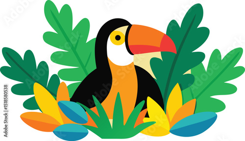 Colorful Toucan Bird Illustration Hiding in Tropical Foliage Featuring Vibrant Green Leaves Yellow and Orange Petals and Striking Teal Accents on a White Background