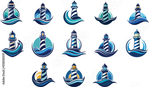 Lighthouse logo design set vector illustration