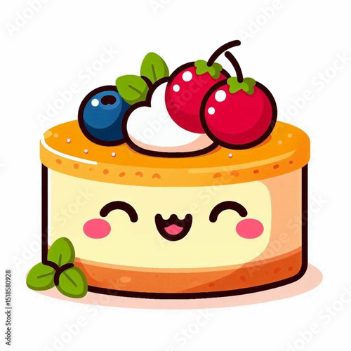 A cartoon cheesecake adorned with a blueberry cherries whipped cream and mint leaves displaying a cute smiling face