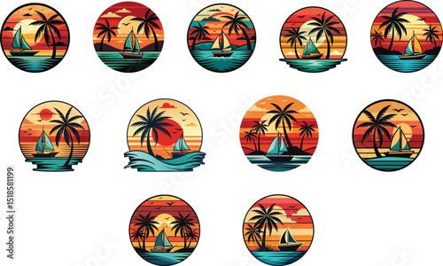 sailing boat in sea landscape with palm trees and sunset badge design set vector illustration