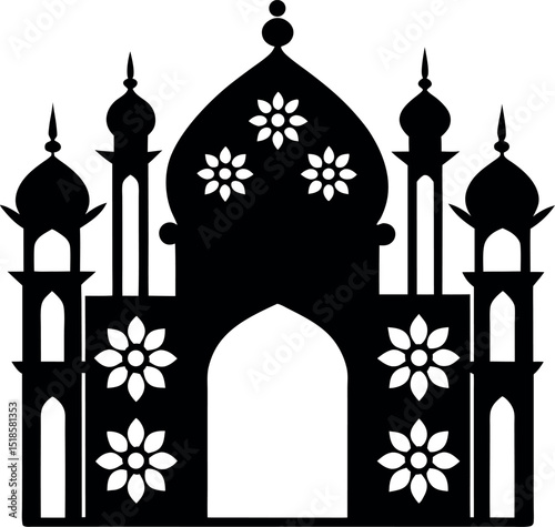 Silhouette of Mosque with Crescent Moon in Background