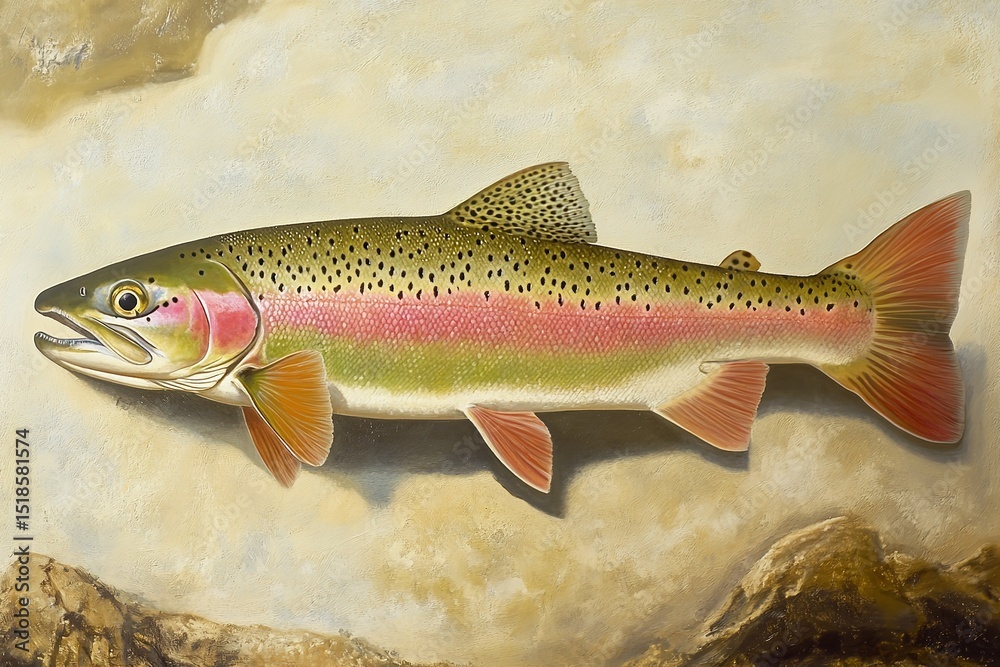 Naklejka premium Colorful Rainbow Trout with Pink and Green Stripes Caught by Angler in Stream