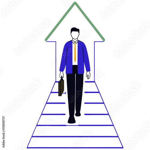 Illustration of a businessman walking up a staircase shaped like an arrow holding a briefcase forward path