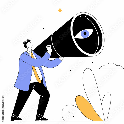 Man in suit looking through large telescope with eye on lens in a stylized illustration scene