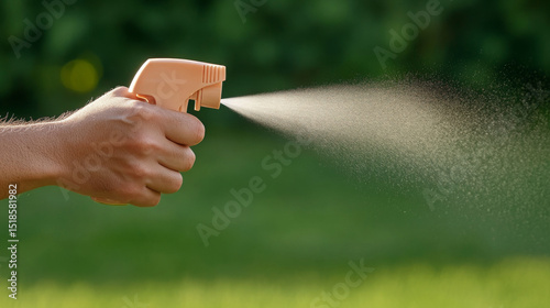 Hand spraying insect repellent in garden during sunny day  