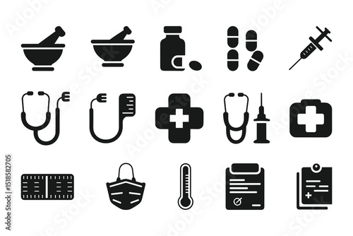 Medical and Pharmaceutical Icon Set  Vector Healthcare Symbols for Medicine, Pharmacy, and Hospital Use.