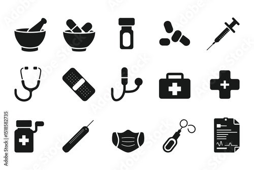 Medical and Pharmaceutical Icon Set  Vector Healthcare Symbols for Medicine, Pharmacy, and Hospital Use.
