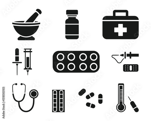 Medical and Pharmaceutical Icon Set  Vector Healthcare Symbols for Medicine, Pharmacy, and Hospital Use.