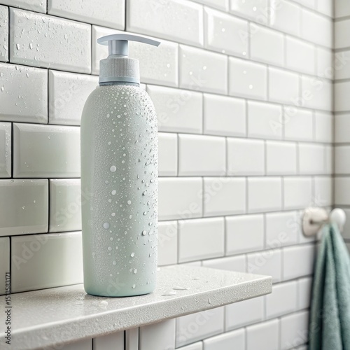 Moisturizing lotion bottle with water droplets on a bathroom shelf against tiled wall