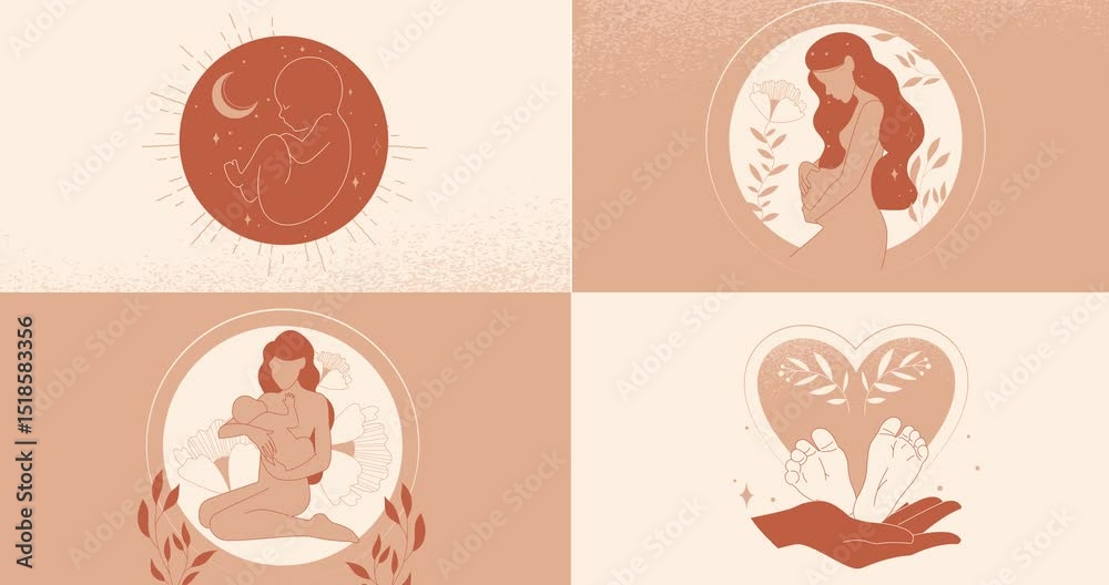 Motherhood and pregnancy. Moving banner with pregnant woman, fetus, newborn baby in mother hands and childbirth sequential scenes. Monochrome minimalistic video. Flat graphic animated cartoon