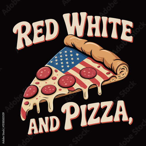 A slice of pizza is decorated with the American flag, with pepperoni slices and melting cheese.  Red White and Pizza