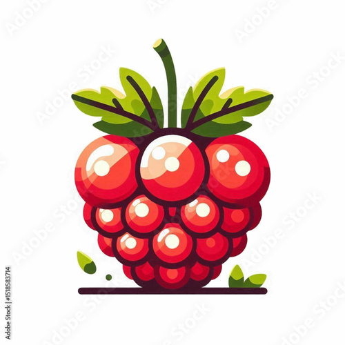 A stylized red raspberry with green leaves  stem cartoonish design