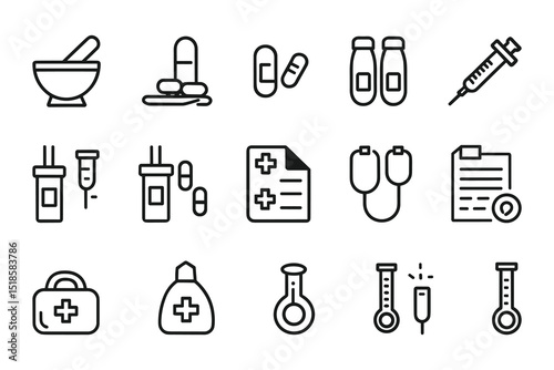 Medical and Pharmaceutical Icon Set  Vector Healthcare Symbols for Medicine, Pharmacy, and Hospital Use.