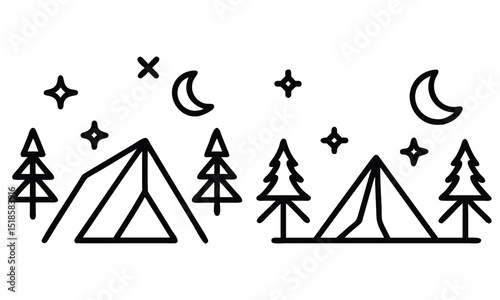A vector illustration set of camping icons featuring a campfire and a Christmas tree, perfect for winter holiday travel designs