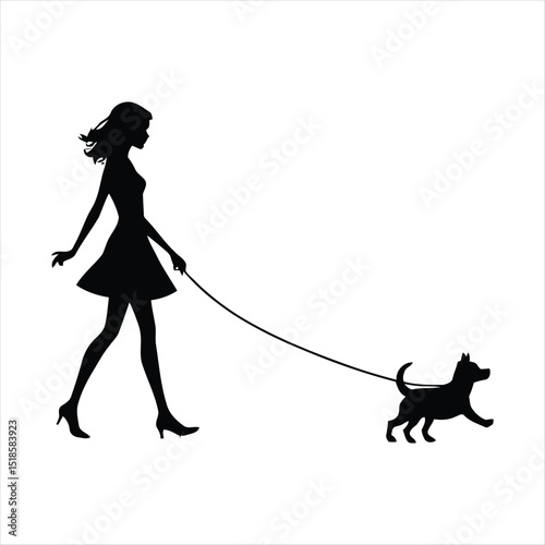 Elegant silhouette of woman walking her dog on a leash in black and white