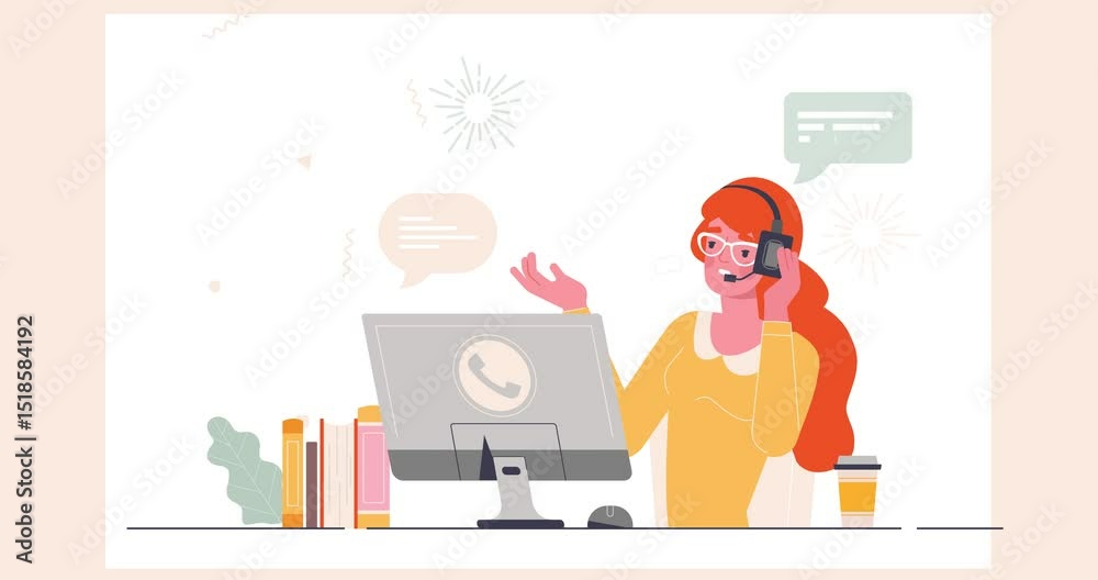 Call center. Moving banner with happy female hotline or customer support employee answering user questions and solving customer problems. Technical support. Flat graphic animated cartoon