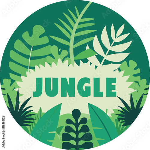 Vibrant Jungle Illustration with Lush Green Foliage and Bold Typography Perfect for Nature Themed Designs Tropical Prints and Exotic Backgrounds for Creative Projects and Marketing Materials