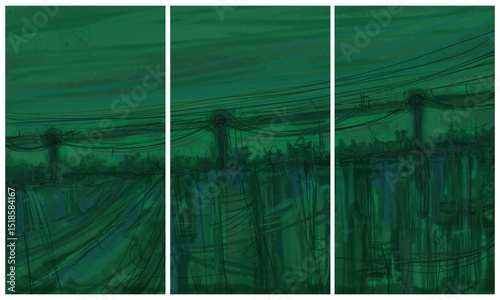 Modern interior triptych. The picture is painted by hand on a tablet.