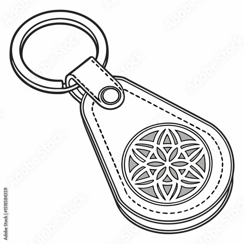 Leather keychain with decorative geometric pattern isolated on white background