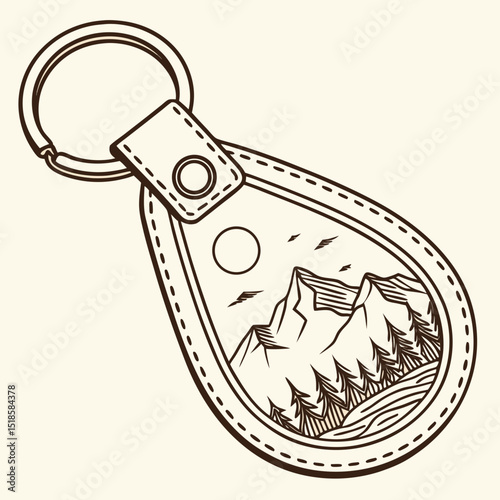 Leather keychain featuring a mountain landscape design with trees and sun