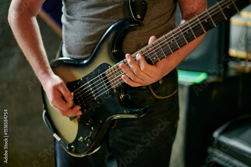 Musician playing an electric bass guitar at music rehearsal, practicing guitar technique in dimly lit setting, close up view guitarist hands