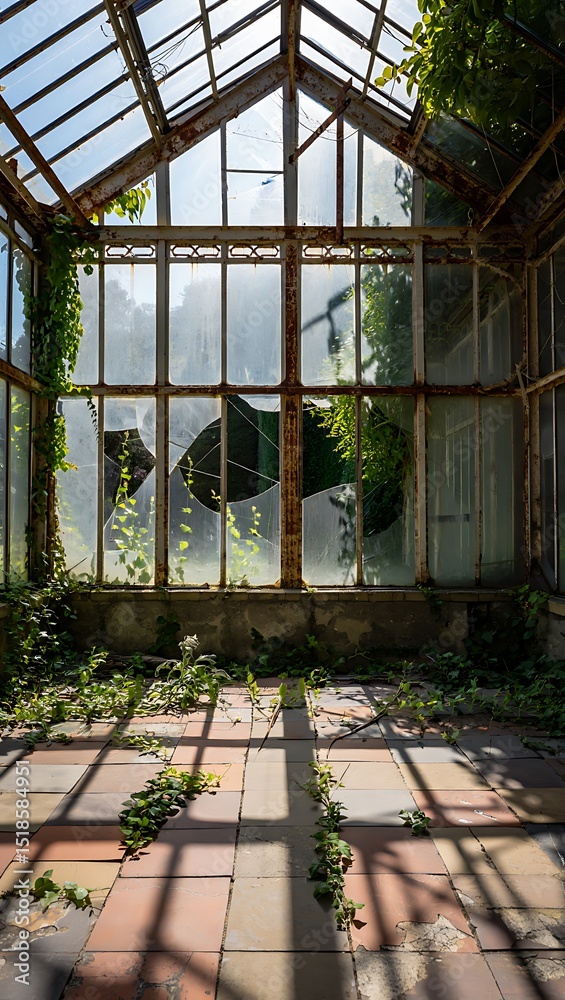 Fototapeta premium Overgrown abandoned greenhouse with broken windows light and shadow