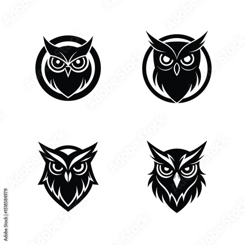 Set of owl head silhouette ideal for mysterious and nocturnal bird designs vector illustration.