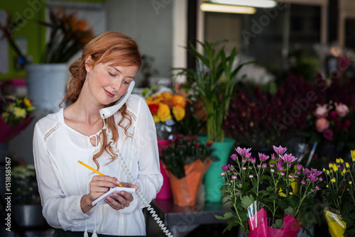 Fotografie Corded telephone handset resting on display counter in flower shop, amid colorfu