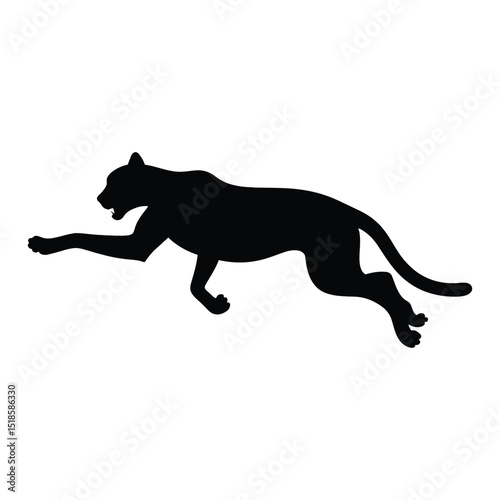 Silhouette of a leaping panther animal in black against a white background