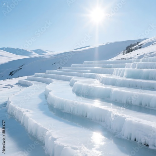 White icy terraced landscape under bright sunlight
