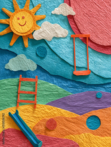 Colorful paper art depicting a sunny day with swings and playful clouds in a vibrant landscape for children's creativity